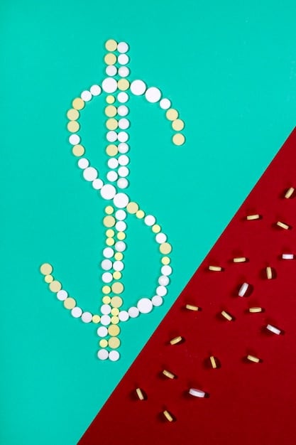 A close-up of prescription pills with a dollar sign superimposed on them. The background is blurred, focusing attention on the high cost of medication. The scene is set in a pharmacy, with vials and pill bottles visible.