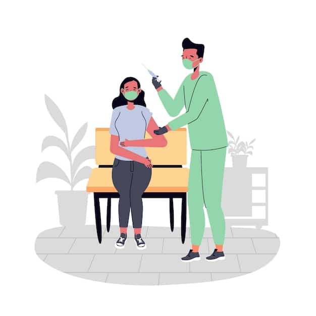 A doctor giving a flu shot to a patient. The patient is smiling and the doctor is reassuring. The scene emphasizes accessibility and the routine nature of preventative care.