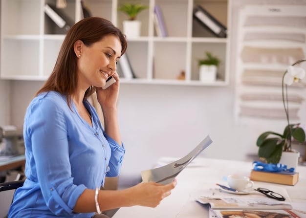 A person on the phone, confidently discussing a medical bill with a healthcare provider. The background shows a well-organized home office setup.