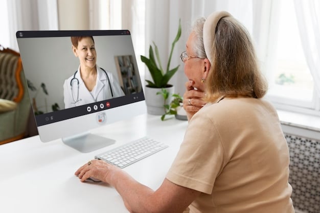 A senior woman smiling while participating in a telehealth consultation with her doctor on a tablet device in her living room. The scene is comfortable and emphasizes the convenience of remote healthcare.