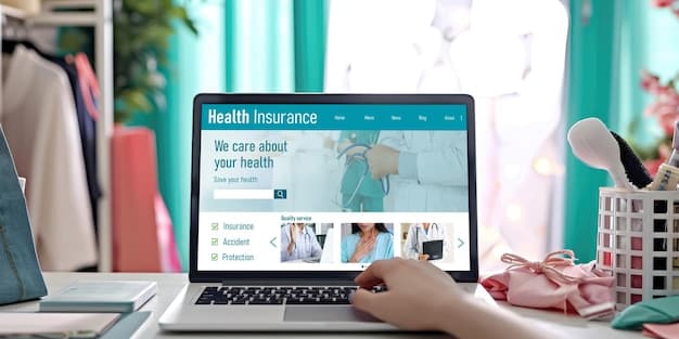 A person sitting at a desk with a laptop open displaying a healthcare marketplace website, with various healthcare plan options and an enrollment form visible. The background is a modern, bright office setting, emphasizing the digital and accessible nature of healthcare enrollment.
