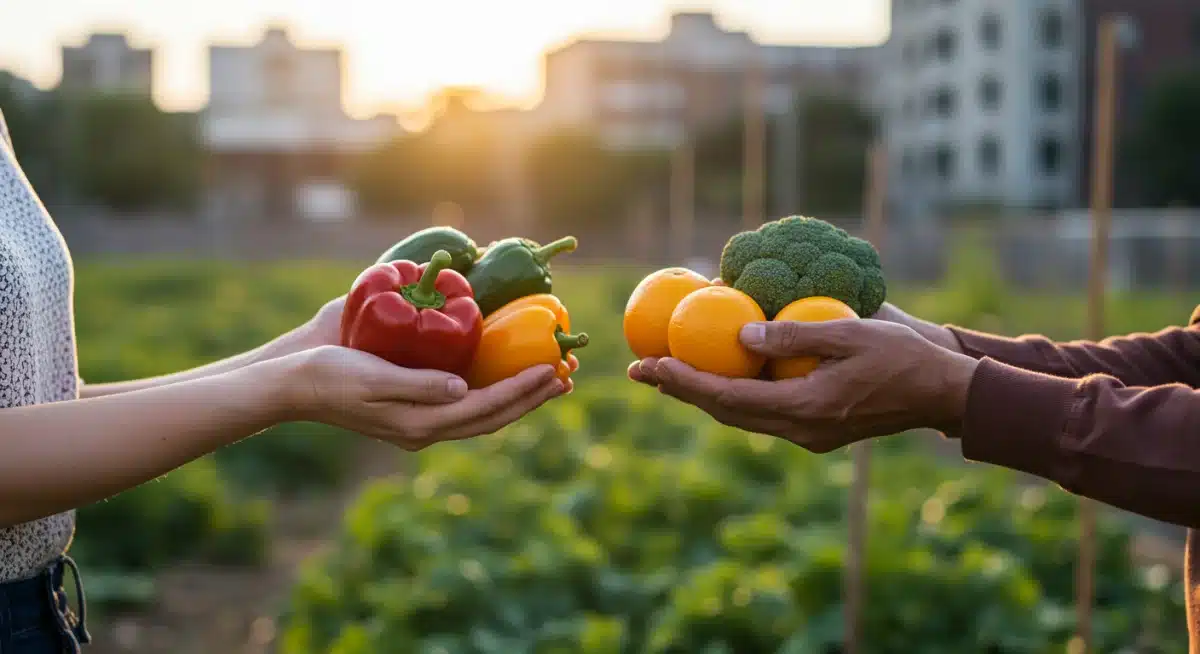 Hands exchanging fresh produce at a community garden, highlighting local food and cost savings.