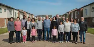Diverse community standing hopeful in front of modern affordable housing units