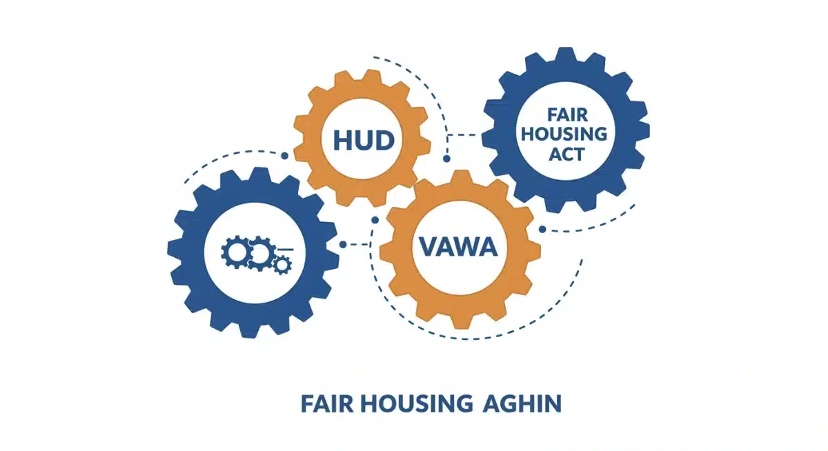Interconnected gears representing HUD, Fair Housing Act, and VAWA, symbolizing federal tenant protection mechanisms.