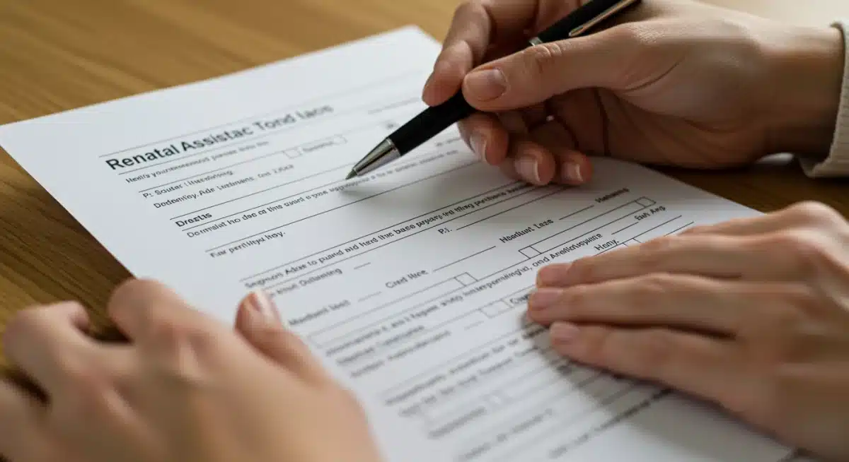 Hands reviewing federal rental assistance application form