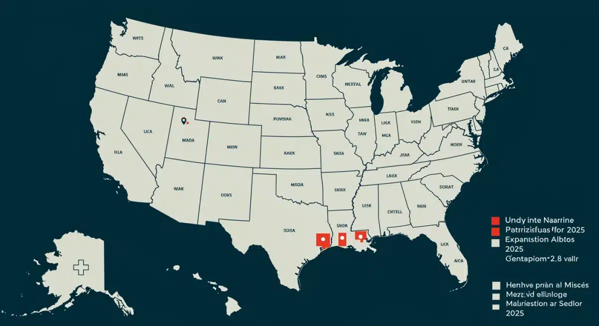 Map of 10 US states highlighted for Medicaid expansion in 2025, with healthcare service icons.