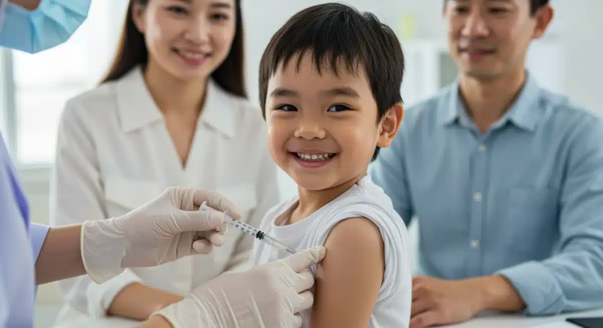 Healthcare professional administering a vaccine to a child at a community health clinic.