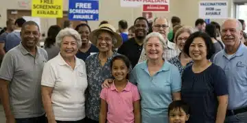 Diverse community members engaging at a health fair offering free screenings and vaccinations.