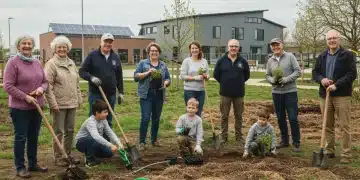 Diverse community members working together on a local park revitalization project, symbolizing collective effort and growth.