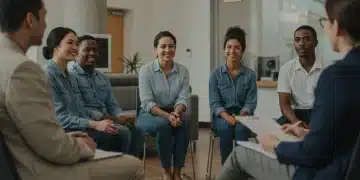 Group therapy session in a welcoming community center, diverse people finding support.