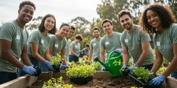 Diverse volunteers planting in a vibrant community garden, symbolizing collective action and local engagement.