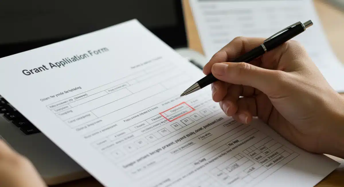 Hand meticulously reviewing a grant application form, emphasizing the importance of detailed planning for funding.