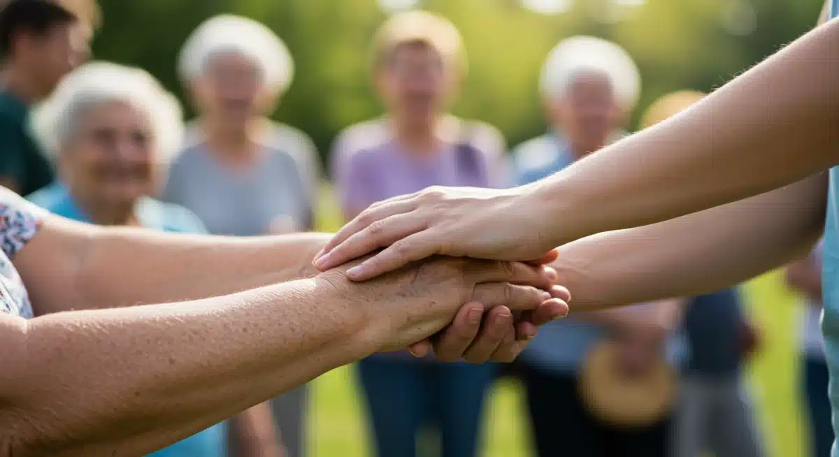 Intergenerational hands clasped in support, representing community collaboration and shared purpose.