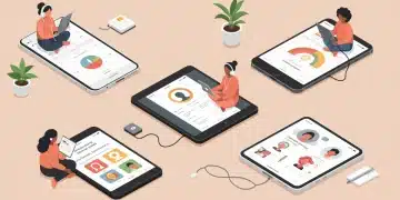 People using various mental health apps on their devices in a calm setting.