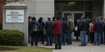 People waiting in line for affordable housing assistance