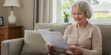 Smiling senior woman reviewing documents in her comfortable home, symbolizing housing stability