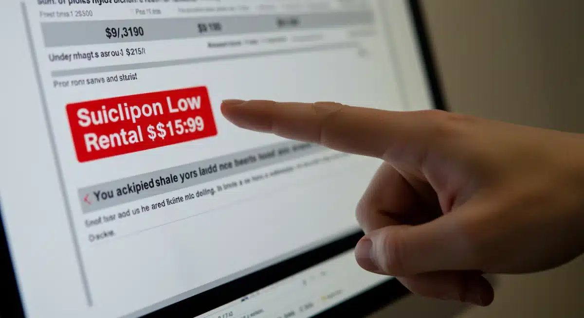 Hand pointing at suspiciously low rental price on screen