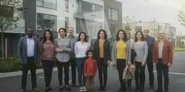 Diverse tenants standing united in front of an apartment building, representing housing rights and policy changes.