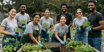 Diverse volunteers working together in a community garden, planting and tending to plants.