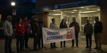 People seeking emergency housing assistance outside a community center