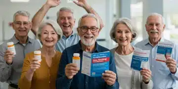 People smiling, holding prescription drug savings information