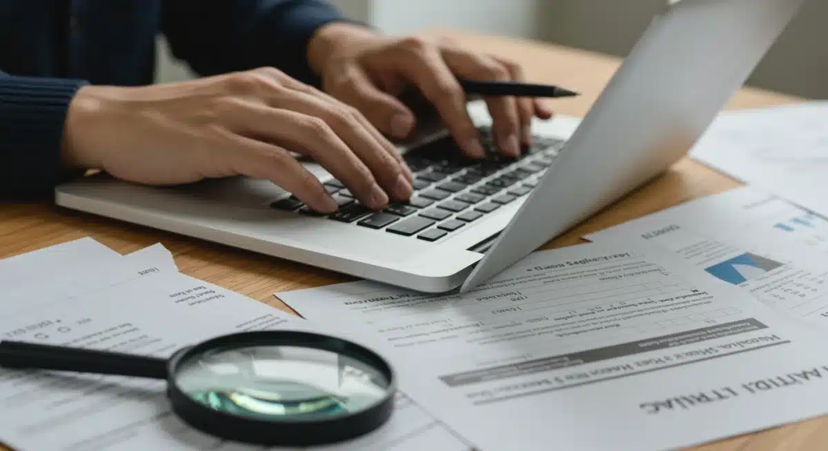 Hands meticulously researching and writing a grant proposal on a laptop