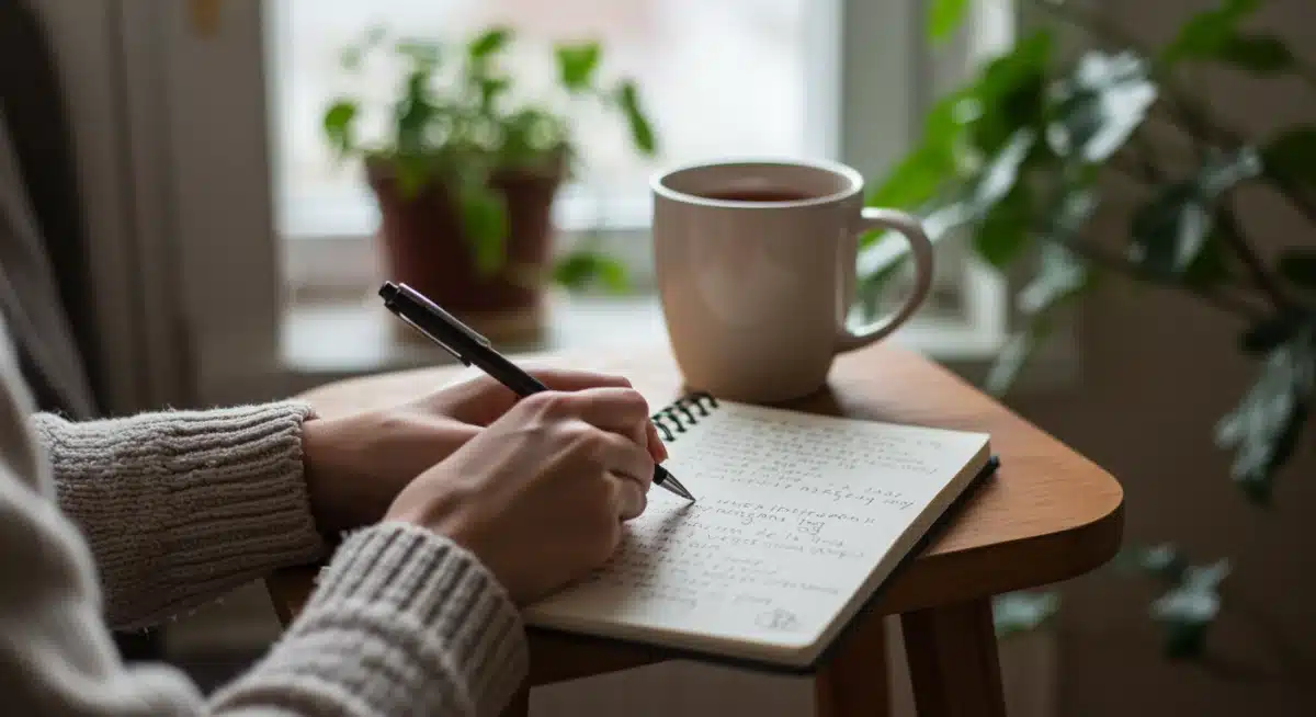 Person journaling, practicing self-reflection for stress management