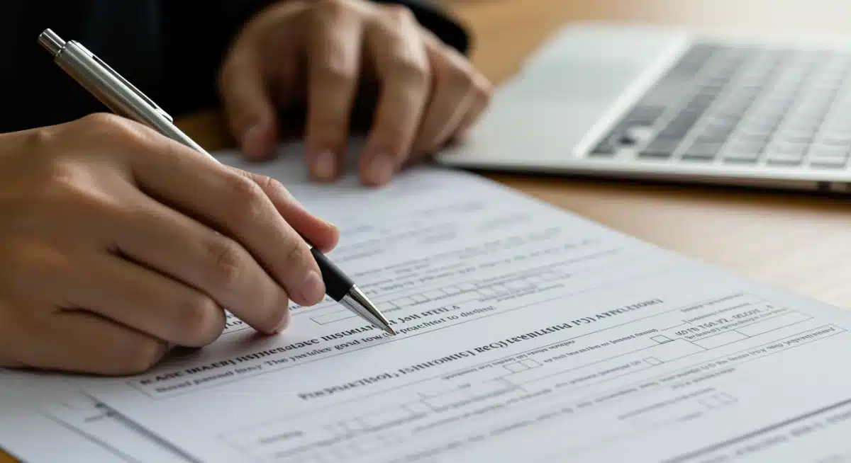 Person filling out rental assistance application forms to apply for housing support.