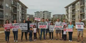 Renters advocating for their rights and housing stability in 2026, holding signs in front of apartment buildings.