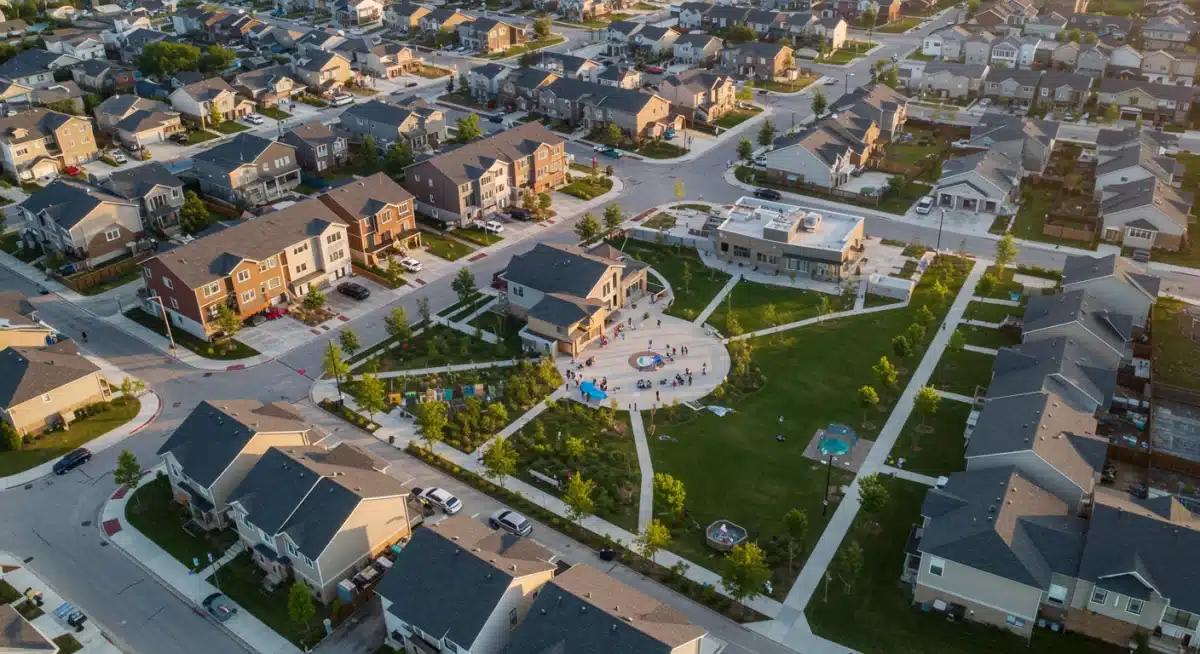 Aerial view of a revitalized neighborhood, showcasing CDBG project success.