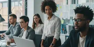 Employees discussing mental health in a supportive office environment