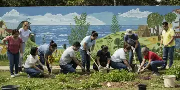 Diverse community members collaborating on a project, symbolizing national partnerships and collective impact.