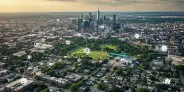 Digital network over US cityscape showing community resource allocation