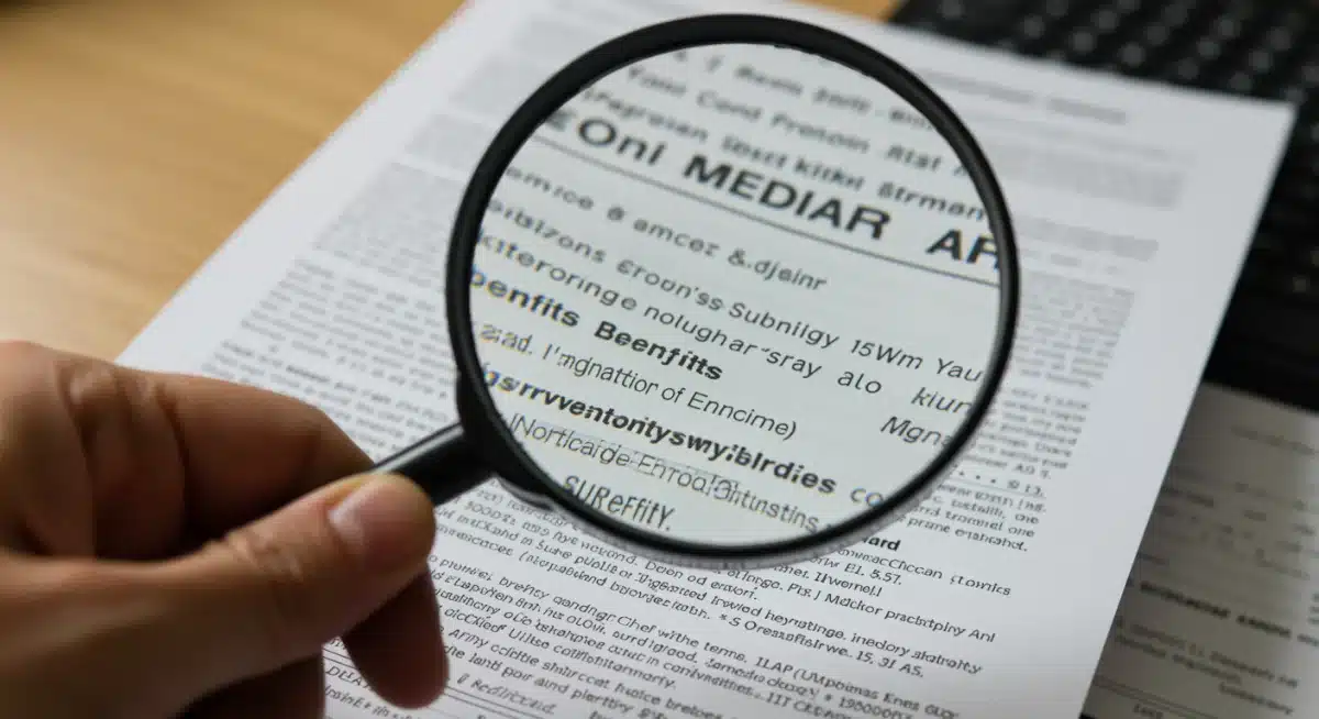 Hand with magnifying glass examining Medicare document for cost benefits
