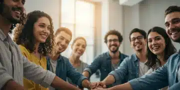 Diverse group receiving mental health support, smiling, in a modern, bright setting.