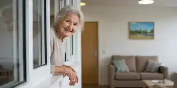 Smiling senior woman looking out a window in an accessible housing unit