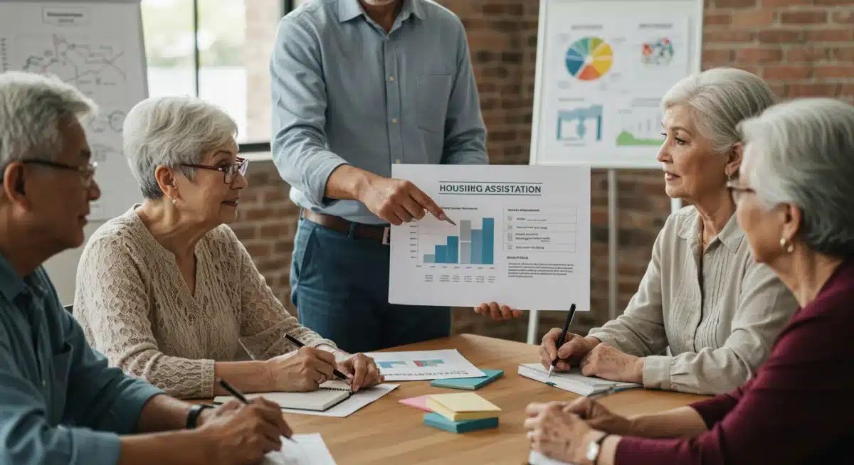 Seniors discussing new federal housing assistance programs in a community setting