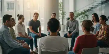 Diverse individuals participating in an anxiety support group session in 2026, showing connection and understanding.