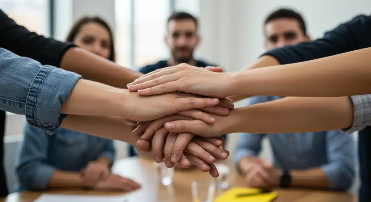 Diverse hands collaborating in a community workshop