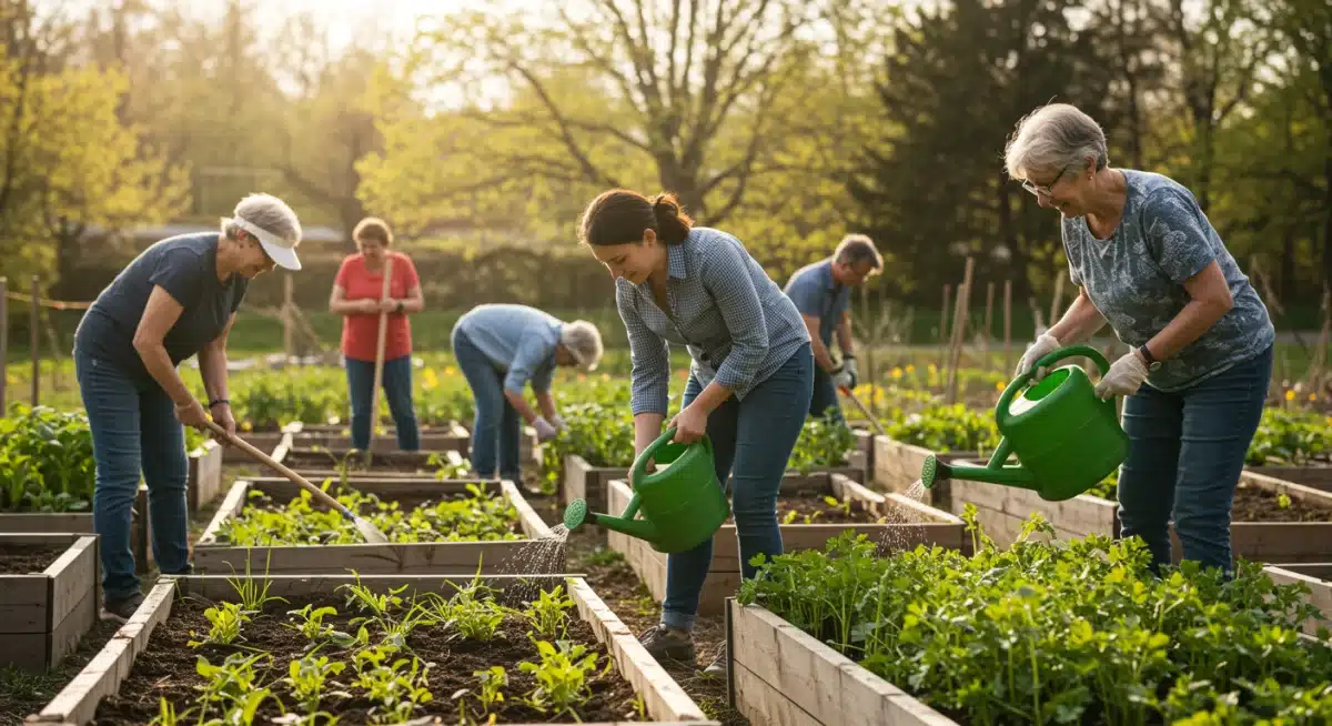 Diverse community members engaging in a collaborative gardening project for mental wellness.