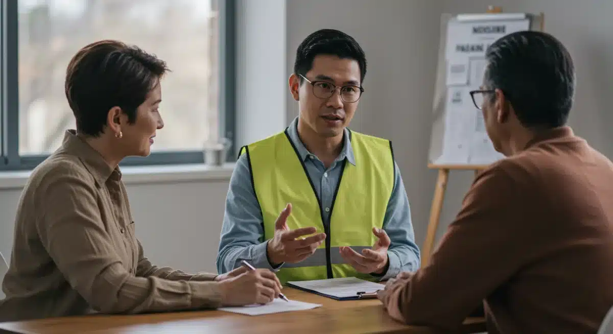 Community worker assisting family with housing resources and aid