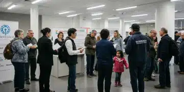 Diverse community members accessing government-funded support services at a community center.