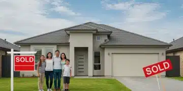Family smiling in front of their new home, symbolizing financial stability