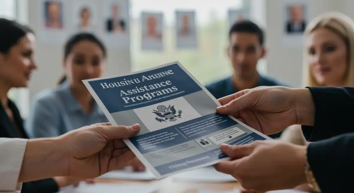 Hands exchanging a government housing assistance program brochure.