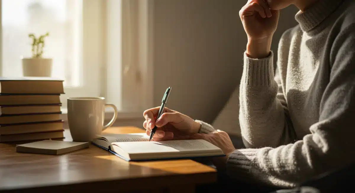 Person journaling in a peaceful setting, illustrating the habit of self-reflection.