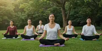 Diverse individuals practicing mindfulness and self-care outdoors, symbolizing mental well-being and resilience.