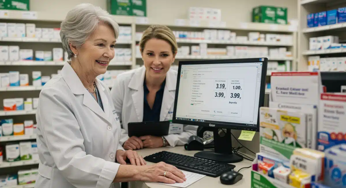Elderly woman consulting pharmacist about prescription costs