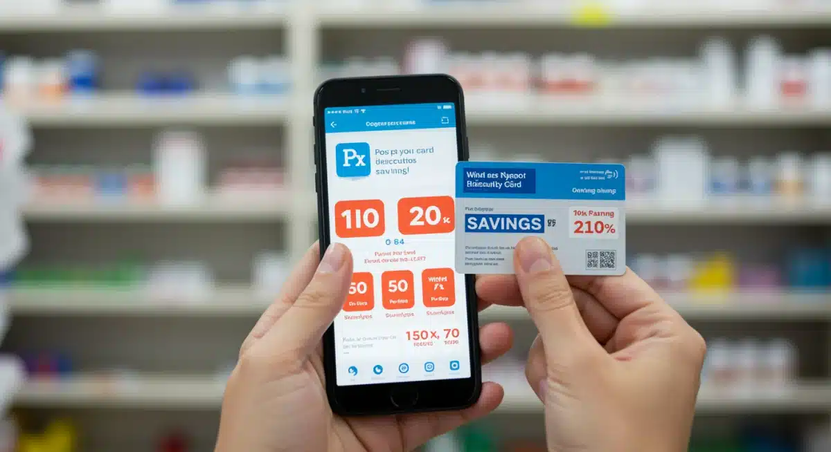 Hand holding prescription discount card with smartphone app