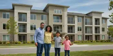 Family smiling in front of a modern apartment building, symbolizing secure housing