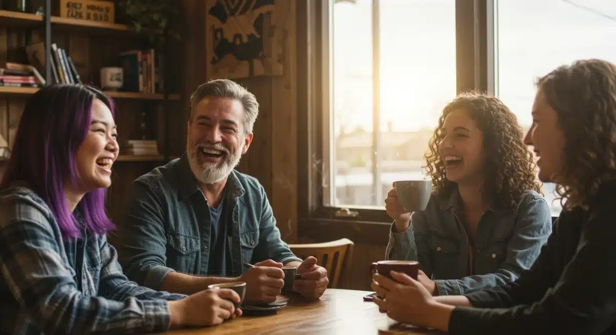 Friends enjoying social connection and laughter in a cafe, emphasizing community support.